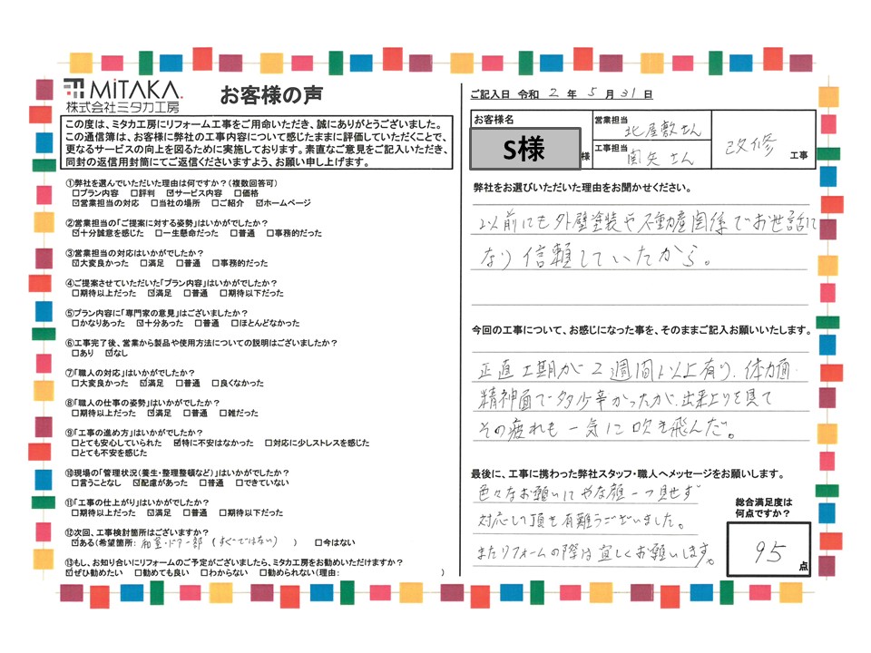 正直工期が2週間以上有り、体力面・精神面で多少辛かったが、出来上りを見てその疲れも一気に吹き飛んだ。