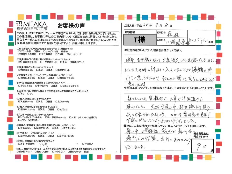 森さんはじめ、皆親切で、工事も計画通りで安心でした。丁寧に対応して下さり、ありがとうございました。