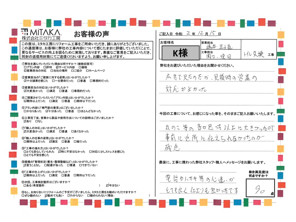 電話やハガキ等の心遣いがとても良く仕上りも良かったです。