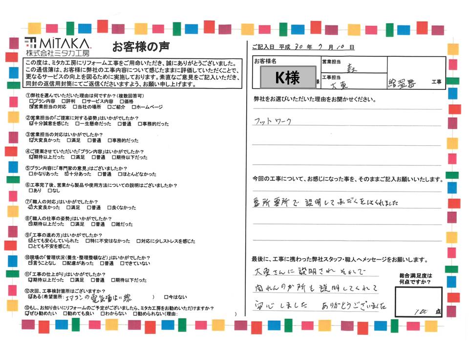 フットワークの軽さと、要所要所で説明をしてくれて、ありがとうございました。