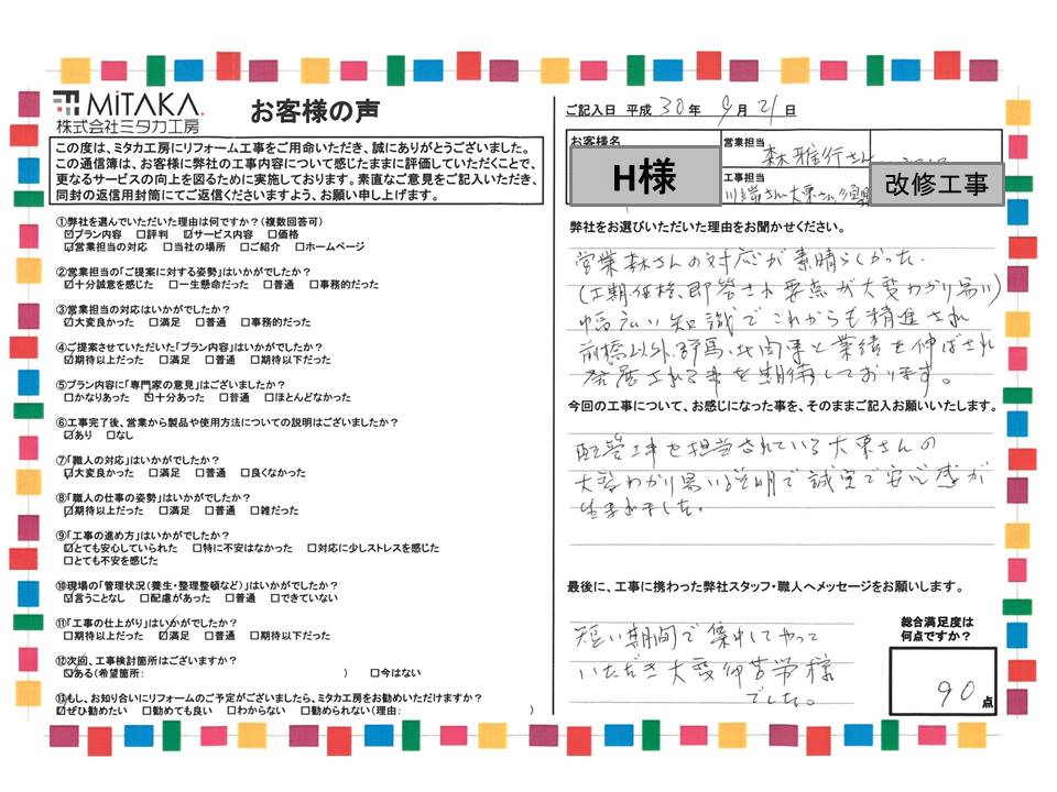 営業の森さんの対応が素晴らしかった。大東さんの大変分かり易い説明で誠実で安心感が生まれました。