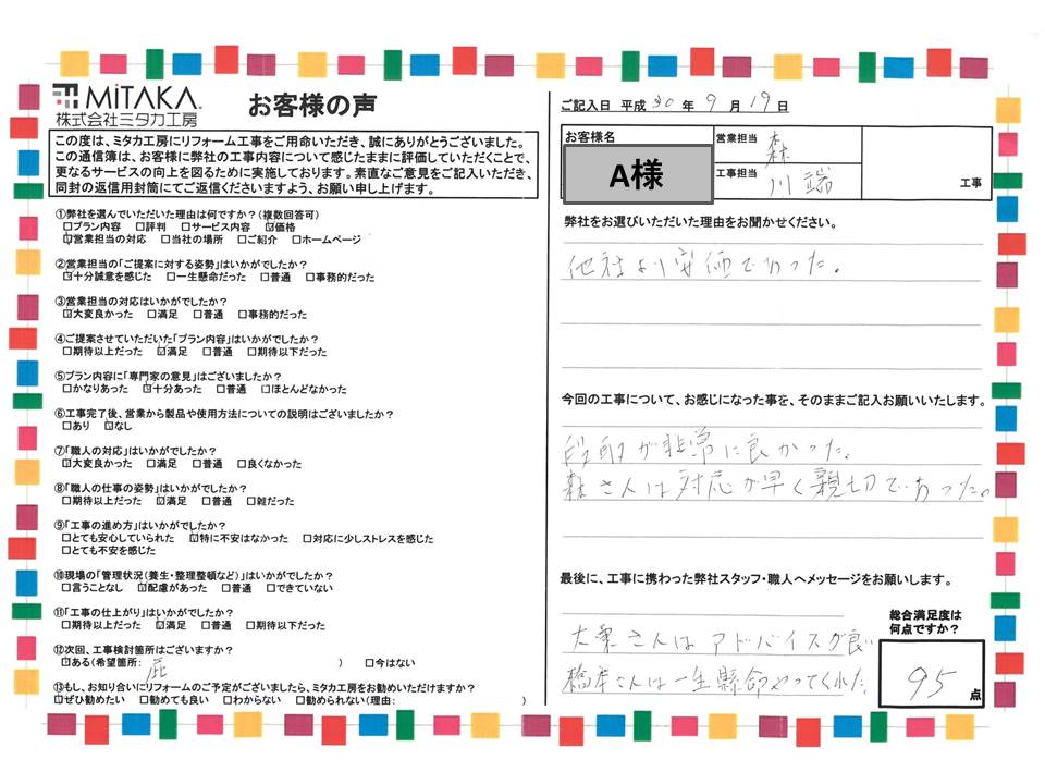 段取りが非常に良かった。森さんは対応が早く親切で、大東さんはアドバイスが良い、橋本さんは一生懸命やってくれた。