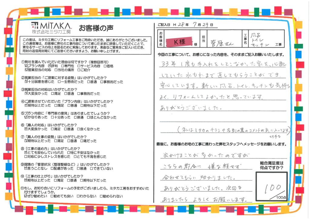 33年1度も手入れしてこなかった家を、心配していた水もれまで直してもらうことができ安心しています。