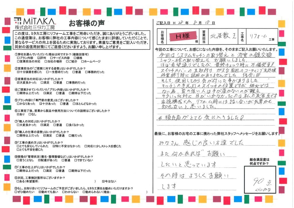 今回は、システムキッチンの取り替えと浴室の鏡交換シャワー栓の取り換えをお願いしました。