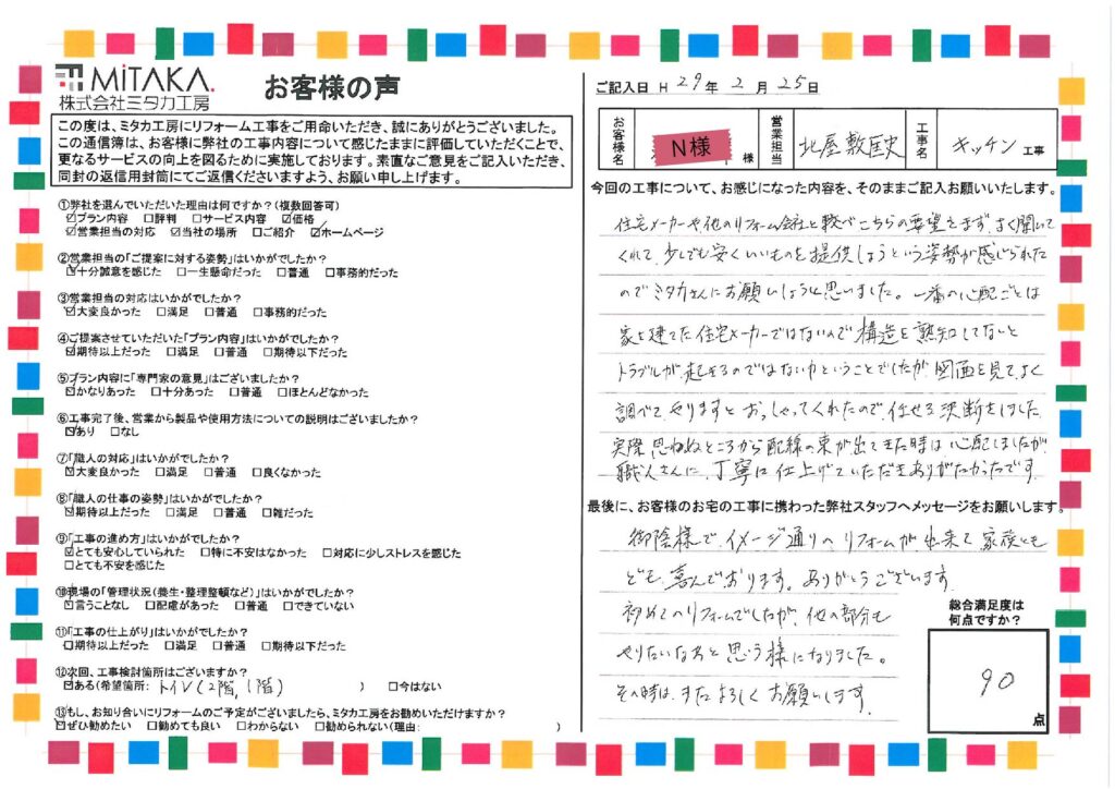 御陰様でイメージ通りのリフォームが出来て家族ともども喜んでおります。