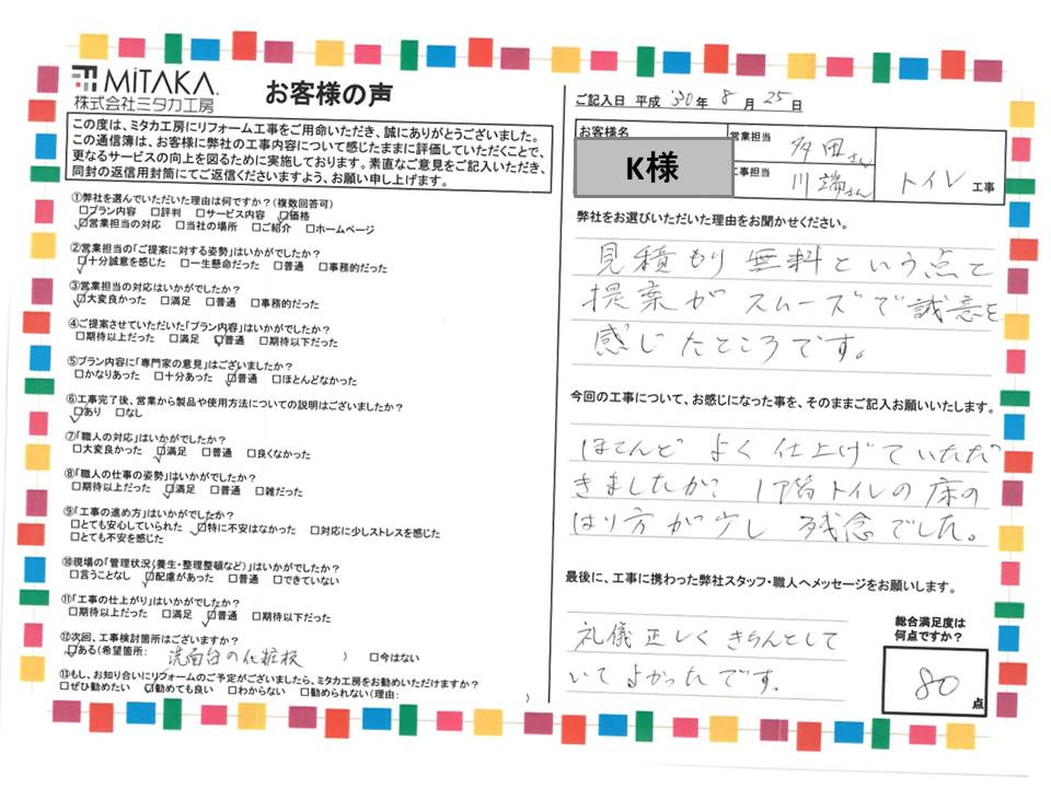 見積もり無料という点で提案がスムーズで誠意を感じました。礼儀正しくきちんとしていて良かったです。