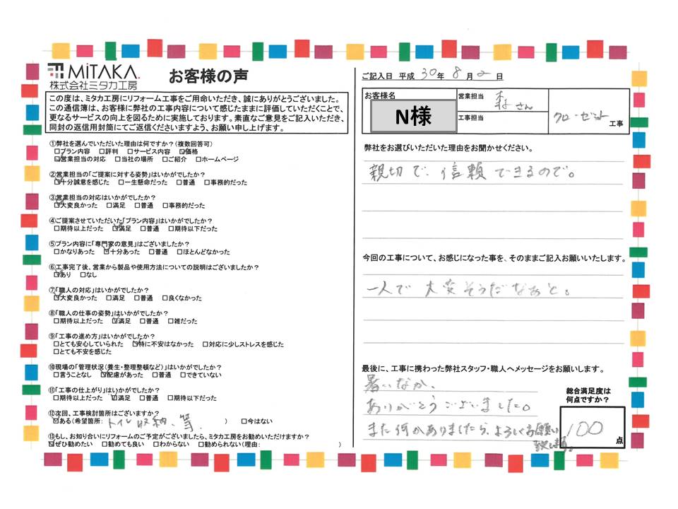 親切で、信頼できるのでミタカ工房を選びました。