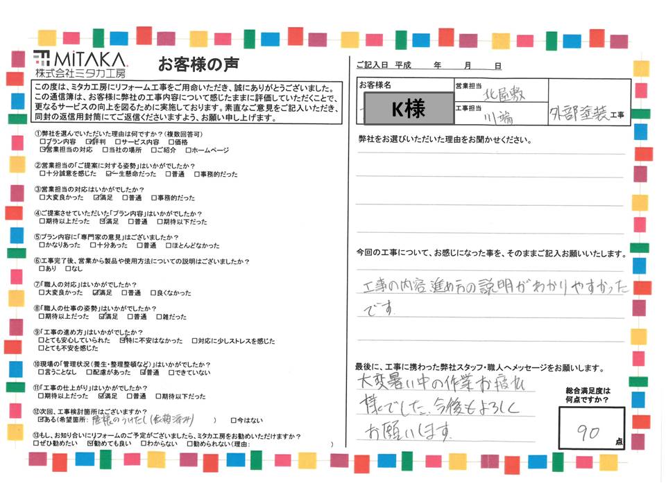 工事の内容、進め方の説明がわかりやすかったです。