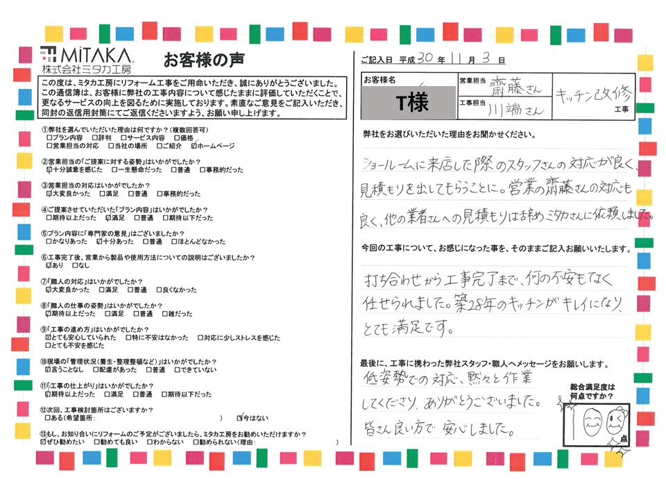 打ち合わせから工事完了まで、何の不安もなく任せられました。築28年のキッチンがキレイになりとても満足です。