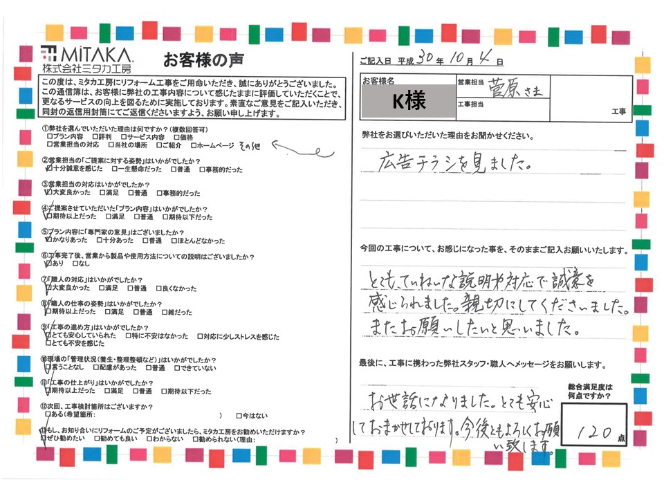 とても丁寧な説明や対応で誠意を感じられました。親切にしてくださいました。またお願いしたいと思いました。