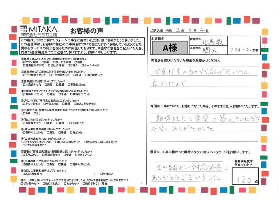 期待以上に要望に答えていただけ本当にありがたかった