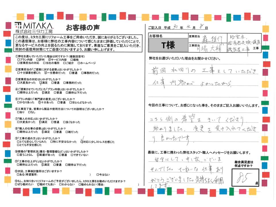 変更を受け入れてくれたり、丁寧な仕事をしてくれてありがとうございました。