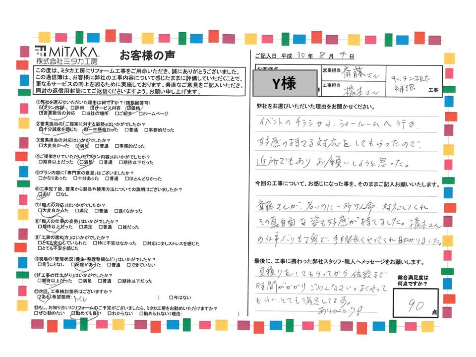 齋藤さんの真面目な姿に好感が持て、橋本さんの仕事ぶりも丁寧で、手際よくやってくれ助かりました。