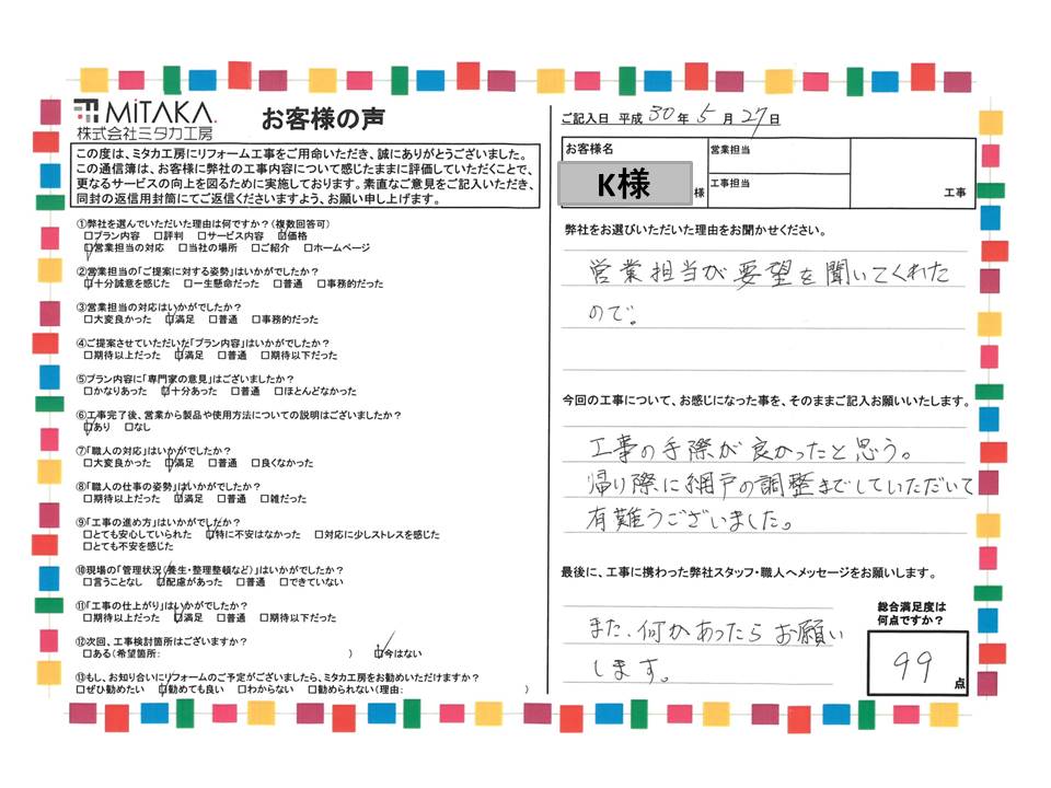 工事の手際がよかった。帰り際に網戸の調整までして頂いてありがとうございました。