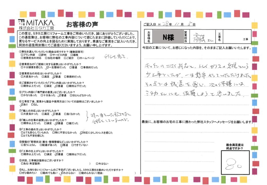 キッチンのニオイ対応とトイレガラスの交換という小工事でしたが、一生懸命やっていただけました。